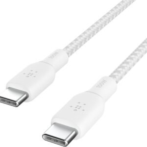 بلكن كيبل USB نوع C الى C، كيبل توصيل طاقة 100 واط معتمد من USB-IF 2.0 مع جزء خارجي من النايلون المضفر المزدوج لايباد برو وماك بوك وجالكسي والمزيد 2 متر، ابيض، لحاسوب شخصي، حاسوب محمول، محول الشحن