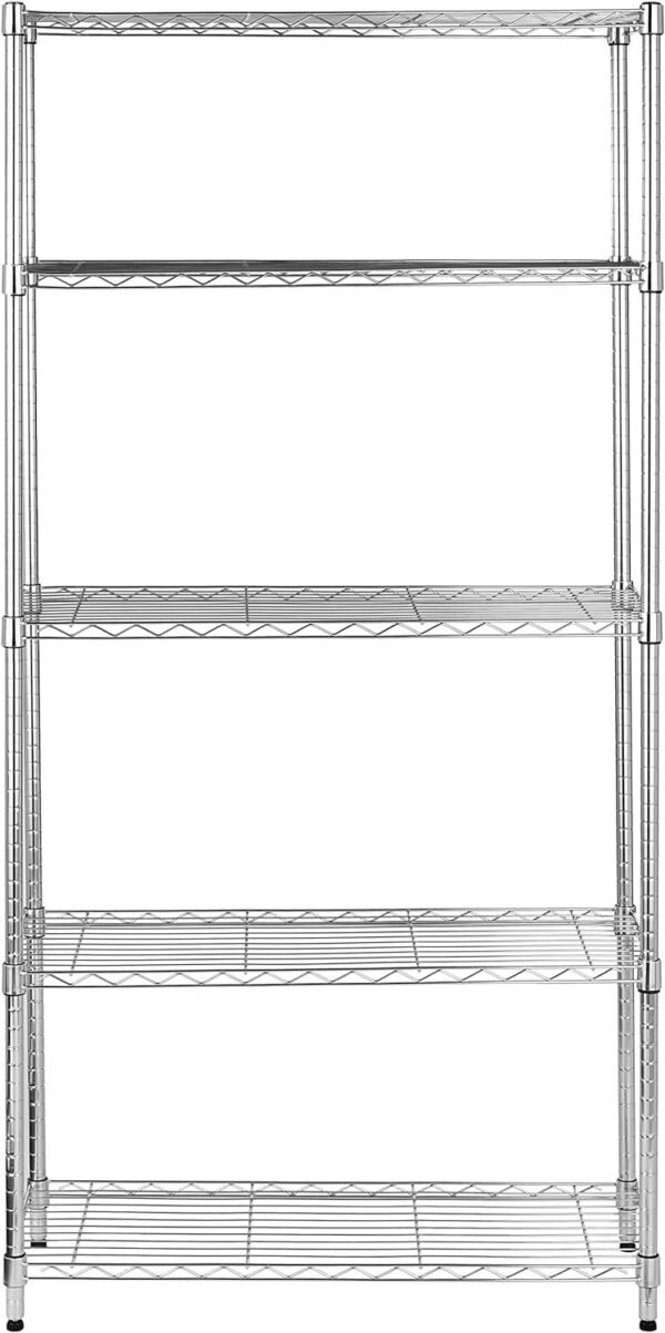 رف تخزين من 5 طبقات قابلة للتعديل من أمازون بيسكس، وحدة أرفف تخزين شديدة التحمل (سعة تحمل الرف الواحد 158.5 كجم)، رف سلكي منظم من الستيل مكون من رفوف سلكية، كروم (91.4 سم × 35.5 سم × 182.8 سم)
